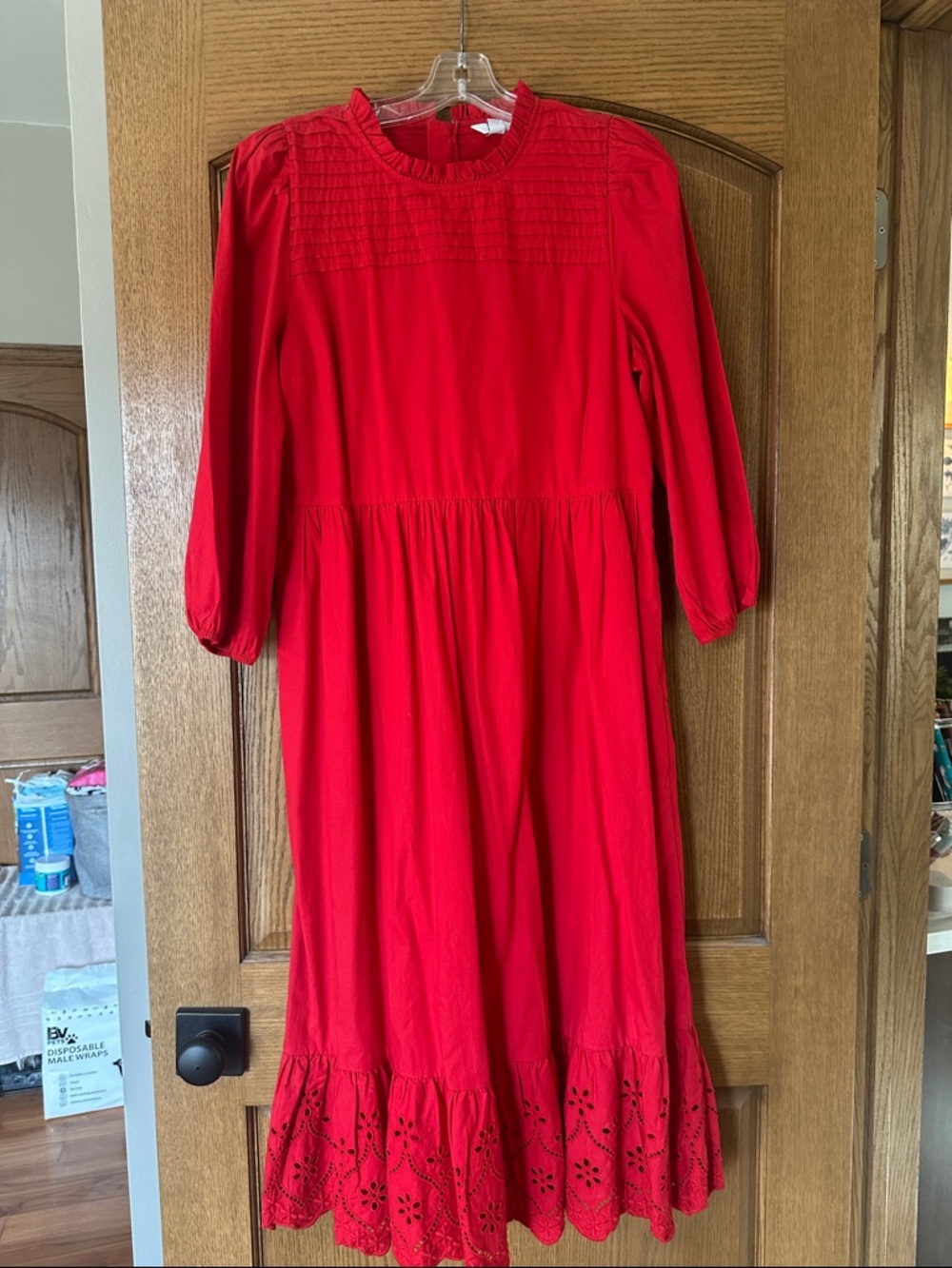 crown & ivy  women’s Bright Red Long Sleeve Eyelet Hem Dress